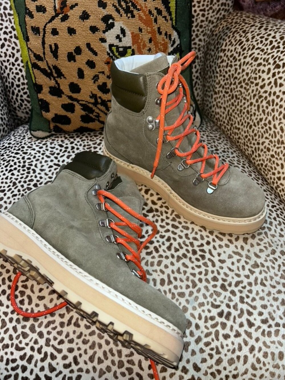 Public Relations Mono Hiking olive suede orange laces boots 7 worn once